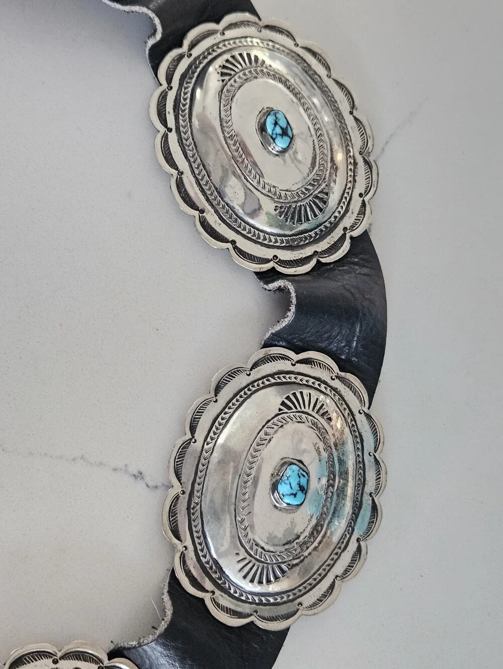 Vintage Navajo Kingman Turquoise Accent Sterling Silver Concho Leather Belt 41